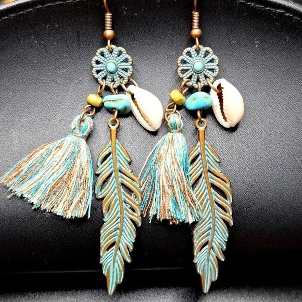 Turquoise Seashell Feather Earrings with tassel